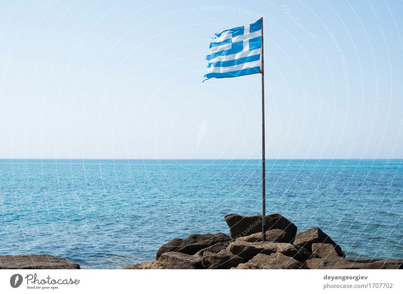 Greek flag on the beach Vacation & Travel Tourism Summer Ocean Island Landscape Sky Wind Flag Blue White Greece Europe Oia mediterranean background national