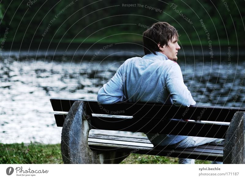cool weather Harmonious Well-being Relaxation Masculine Young man Youth (Young adults) Water Lake Observe Think Sit Beautiful Contentment Serene Patient Calm