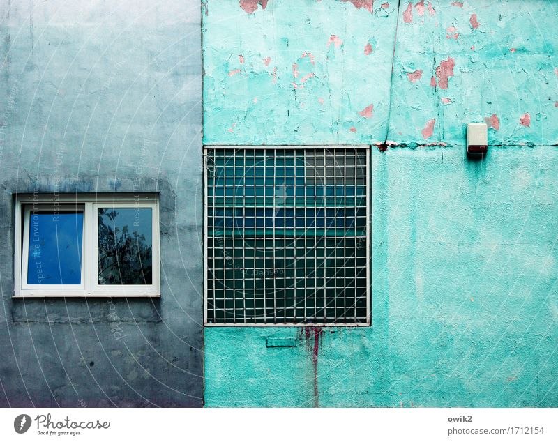insect screen Building Wall (barrier) Wall (building) Facade Window Sharp-edged Simple Uniqueness Gloomy Turquoise Decline Transience Colour photo Exterior shot