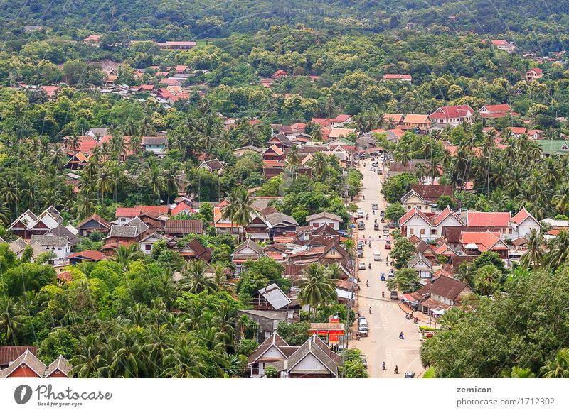 skyview and landscape in luang prabang, Laos. Beautiful Vacation & Travel Tourism Mountain Culture Nature Landscape Sky Warmth Tree River Small Town Bridge Bird