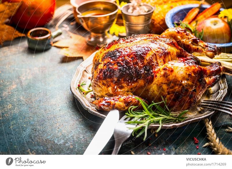 Whole fried chicken on the dining table Food Meat Nutrition Lunch Dinner Banquet Slow food Crockery Cutlery Style Design Living or residing Table Restaurant