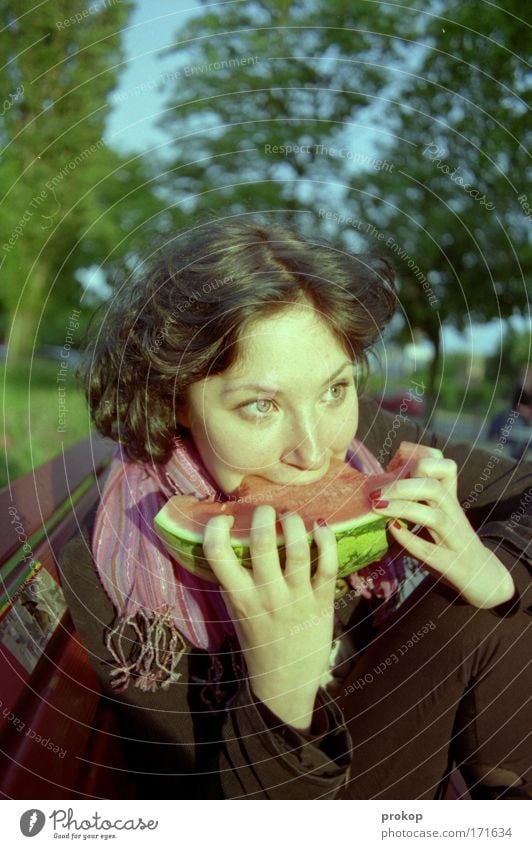 melonodrome Colour photo Exterior shot Day Wide angle Portrait photograph Forward Food Fruit Melon Style Summer Human being Feminine Woman Adults Head