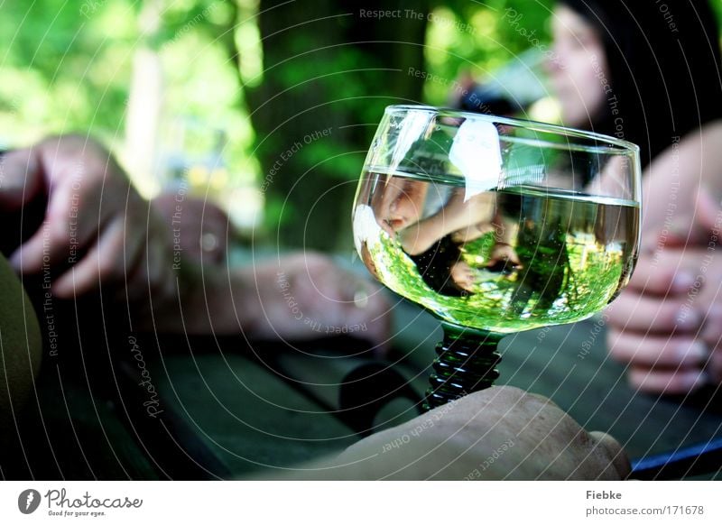A summer day Colour photo Exterior shot Detail Day Reflection Blur Beverage Drinking Cold drink Alcoholic drinks Wine Glass Trip Summer Summer vacation Garden