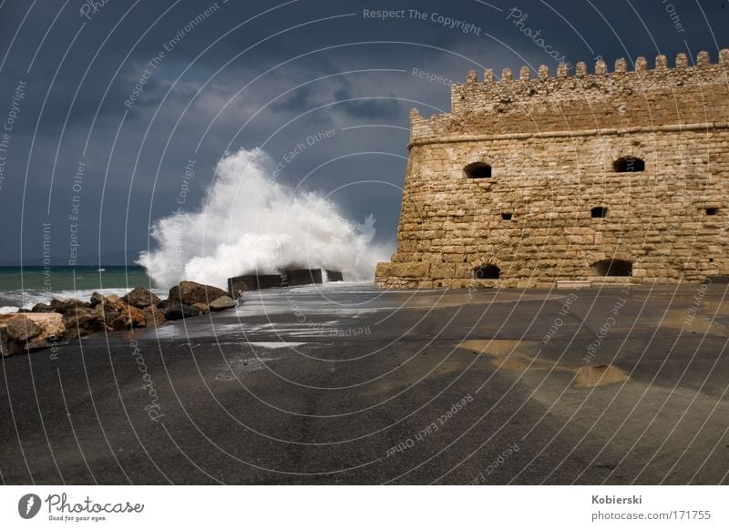 Port Fortress Koules-Heraklion Colour photo Exterior shot Deserted Day Panorama (View) Elements Water Storm clouds Gale Thunder and lightning Waves Coast Ocean