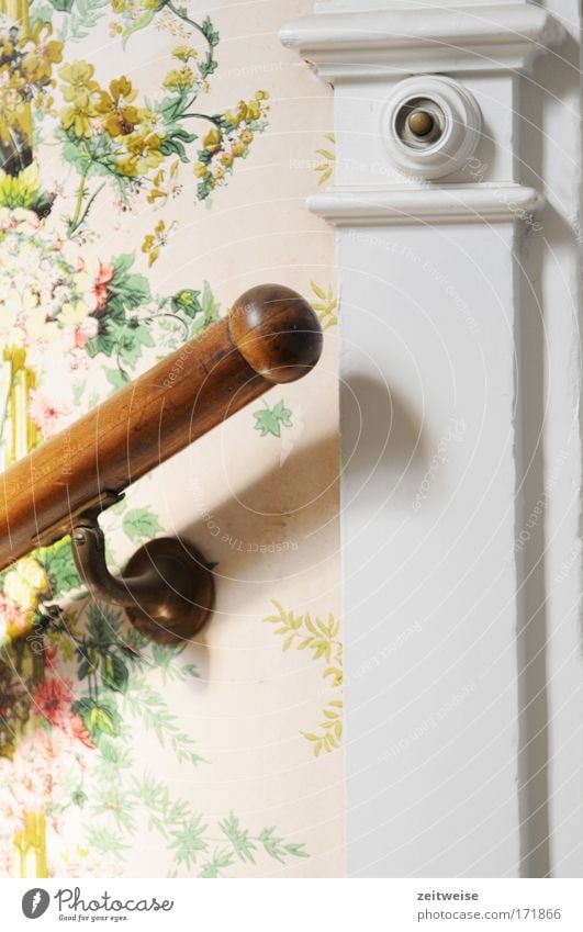 to ring the bell at Schalauske! Colour photo Interior shot Old town Stairs Bell Utilize Wait Kitsch Banister Art nouveau house Floral wallpaper Wallpaper