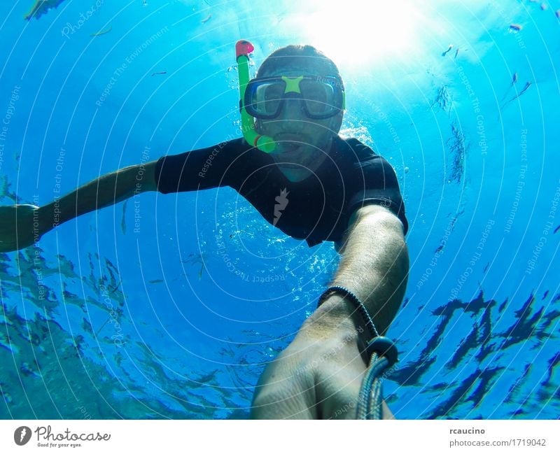 Freediving: self-portrait of a male freediver Lifestyle Summer Ocean Sports Dive Human being Man Adults Nature Under Blue water Snorkeling swimming Breath below