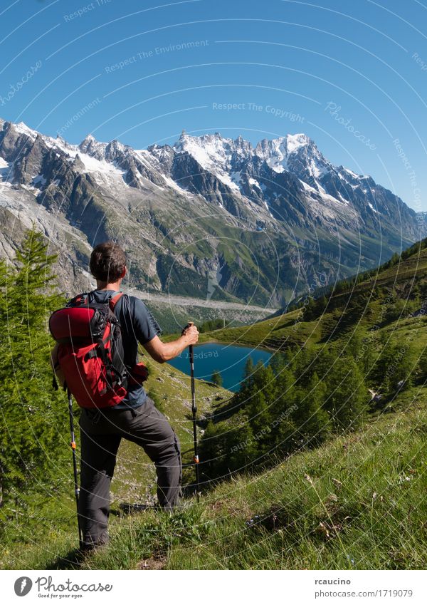 Hiker admiring mountain landscape Courmayer, Italy Leisure and hobbies Vacation & Travel Trip Summer Mountain Hiking Sports Human being Boy (child) Man Adults