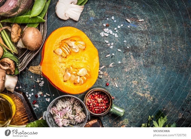 Pumpkin with mushrooms, spices and herbs Food Vegetable Herbs and spices Cooking oil Nutrition Organic produce Vegetarian diet Diet Slow food Style Design