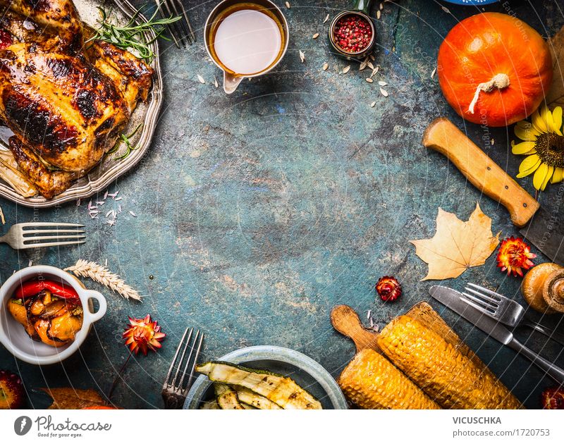 Autumn cooking with chicken, pumpkin and vegetables Food Meat Vegetable Herbs and spices Cooking oil Nutrition Banquet Crockery Cutlery Style Design
