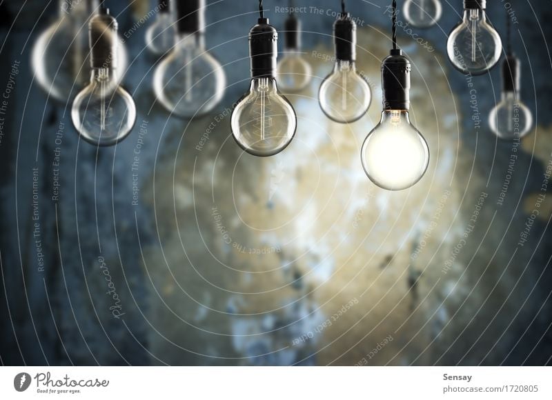 Idea and teamwork concept Vintage bulbs on wall background Design Lamp Success Science & Research Technology Old Bright Blue Yellow Energy Colour Creativity