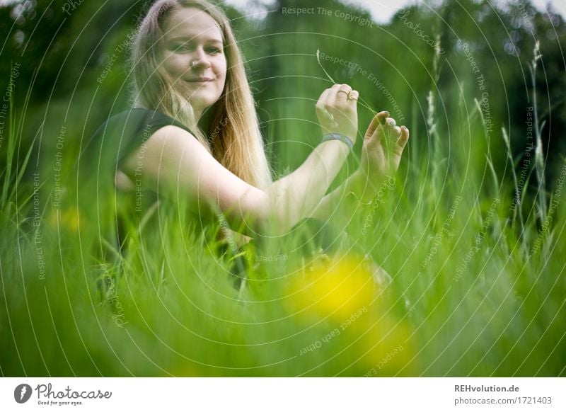 Jacki in the meadow. Human being Feminine Young woman Youth (Young adults) 1 18 - 30 years Adults Environment Summer Flower Grass Meadow Hair and hairstyles
