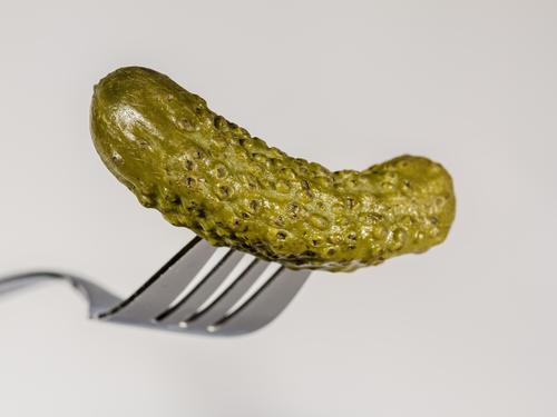gherkins Food Vegetable Eating Fork Sign Delicious Sour Green White Competent Fiasco Cucumber Impaled concept lame sluggish Colour photo Close-up Abstract