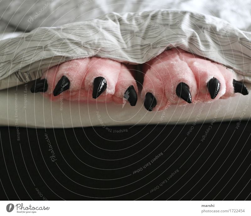 Monster Night Lifestyle Leisure and hobbies Flat (apartment) Human being Animal Emotions Moody Slippers Pink Bedroom Duvet Claw Funny Humor Sleep Date