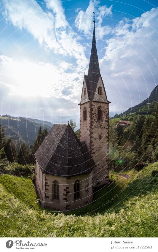 village church Nature Clouds Sun Summer Beautiful weather Tree Grass Bushes Forest Rock Alps Mountain Village Deserted Church Manmade structures Building