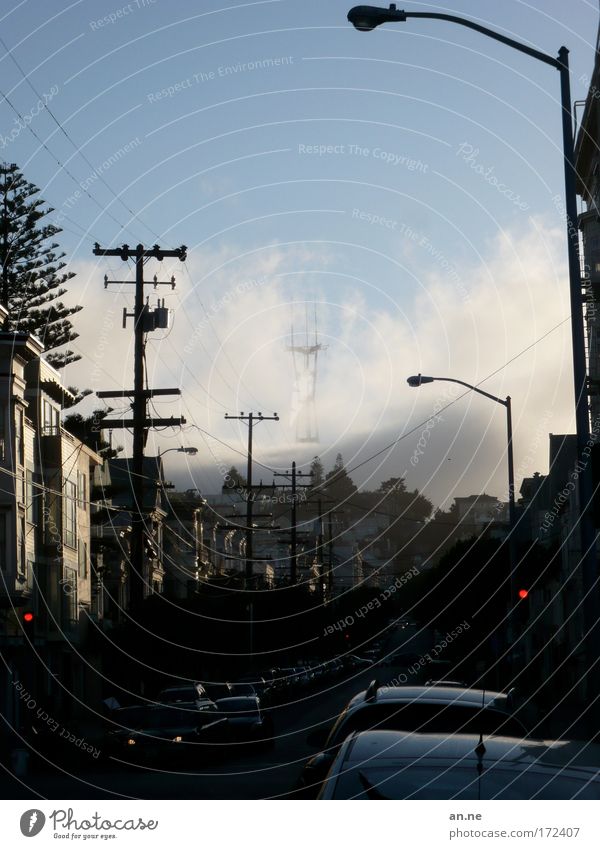 the fog Sky Clouds Weather Fog Hill San Francisco USA Town Deserted House (Residential Structure) Transport Motoring Street Traffic light Car Driving Dark Blue