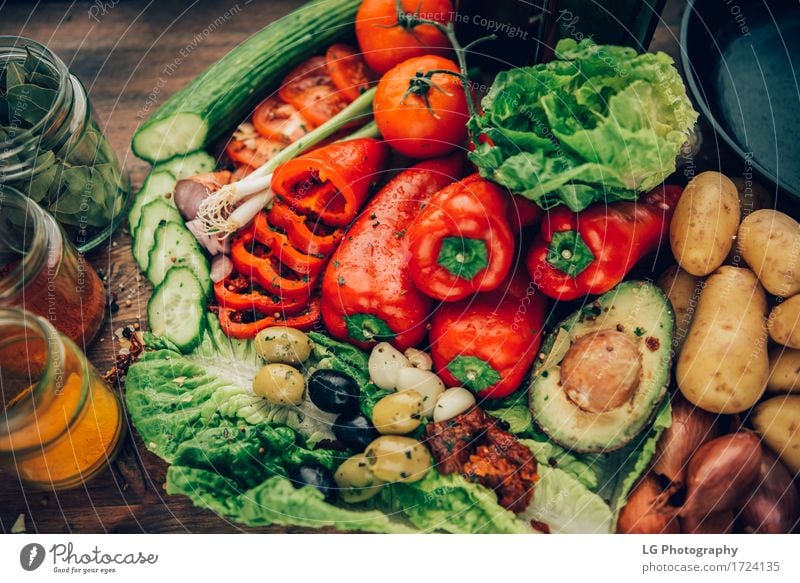 A mix of healthy and colorful produce on a wooden surface. Vegetable Herbs and spices Vegetarian diet Pan Kitchen Leaf Wood Fresh Together Bright Natural Green