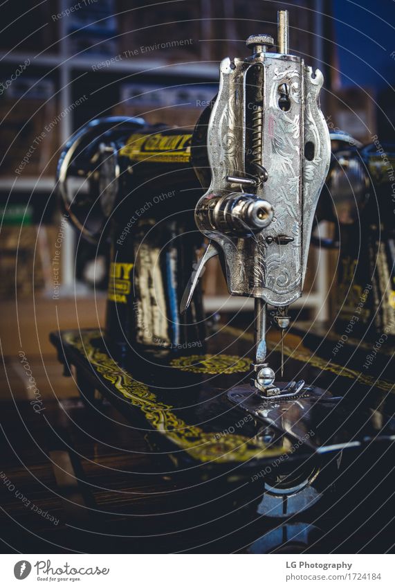 Vintage Sewing Machines Metal Old Fashion Retro Spool Tailor Clothing Colour photo Close-up Detail Deserted Blur