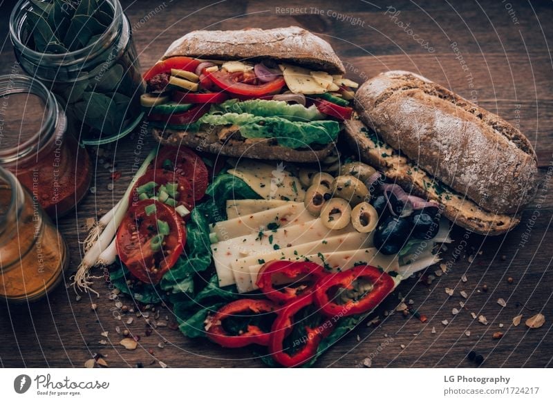Sandwich made from everything in the refrigerator. Food Cheese Vegetable Bread Herbs and spices Eating Lunch Vegetarian diet Kitchen Delicious Yellow Green Red