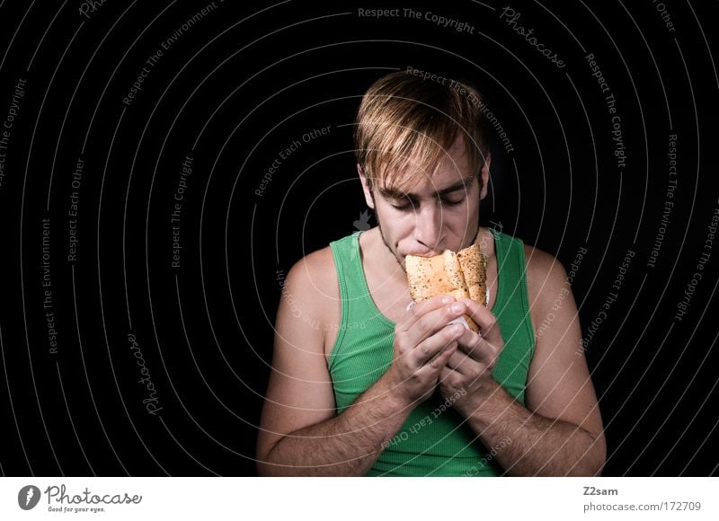 must also be times Colour photo Studio shot Artificial light Downward Food Roll Sandwich Fast food Style Human being Masculine Young man Youth (Young adults)