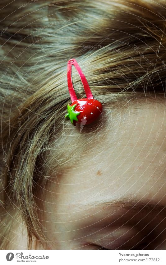 Strawberry Girl Fruit Style Beautiful Hair and hairstyles Strand of hair Hair accessories Hair barrette Human being Feminine Child Woman Adults Infancy Summer