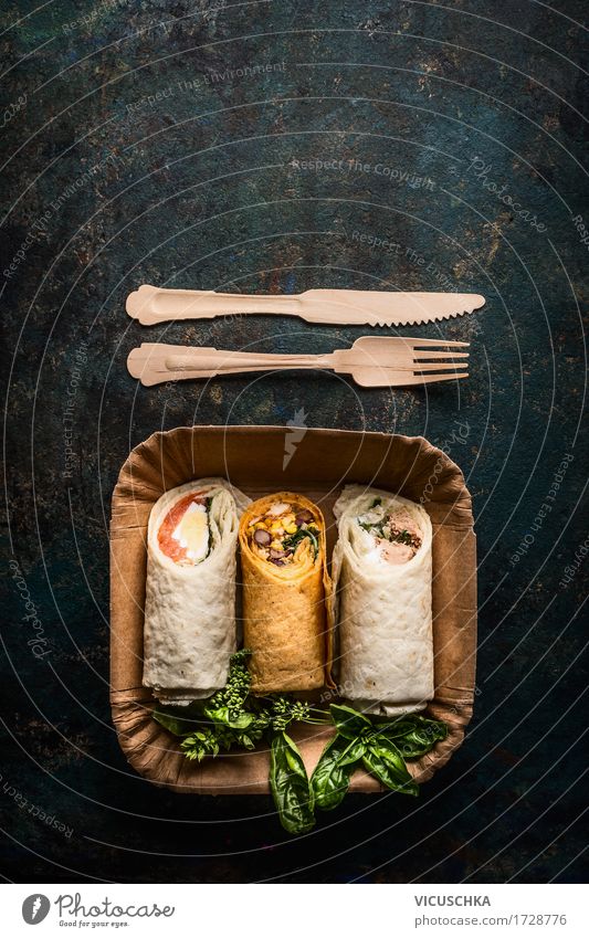 Vegetarian wraps in paper plates with wooden cutlery Food Fish Vegetable Lettuce Salad Nutrition Lunch Picnic Organic produce Vegetarian diet Diet Crockery