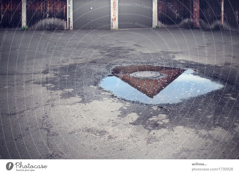 flat roof garage illusion | AST9 Places Manmade structures Building Architecture Garage Garage door Gray Puddle Reflection Pointed roof Gully Asphalt