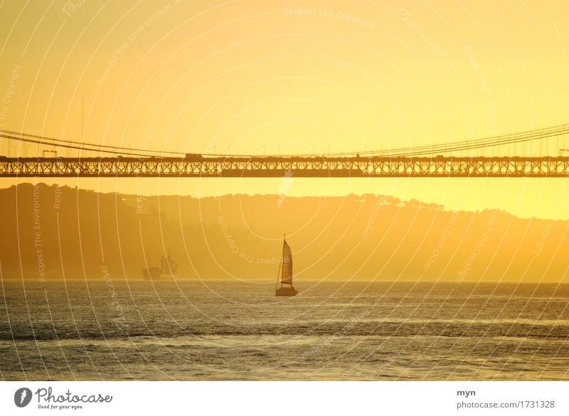 liquid gold Vacation & Travel Far-off places Nature Bridge Navigation Boating trip Container ship Sailboat Watercraft Yellow Freedom Lisbon Fishing boat Harbour