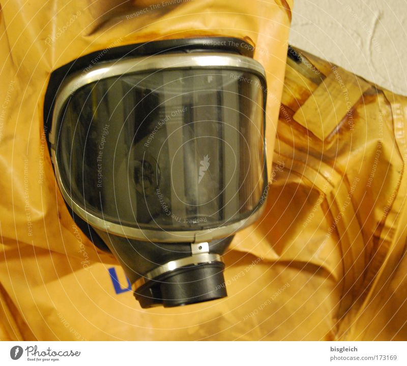 In Bunker II Colour photo Interior shot Artificial light Head 1 Human being Dugout Protective clothing Face mask Respirator mask Plastic Threat Yellow Dangerous