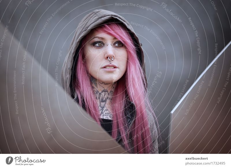 Woman with pink hair Piercings and tattoos Tattoo Tattooed Nose ring Hipster Subculture Lifestyle Style Young woman Youth (Young adults) Adults Youth culture