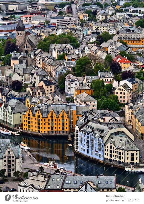 Alesund city view alesund Norway Europe Port City Old town House (Residential Structure) Church Harbour Architecture Monument Observe Blue Yellow Town Fjord
