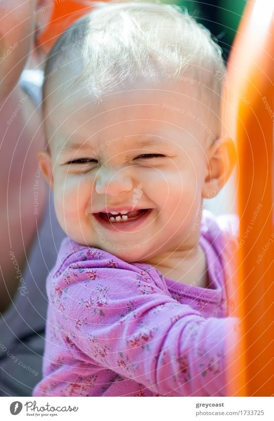 Beautiful little baby smiling with teeth showing outdoors Joy Happy Summer Sun Child Baby Girl Infancy Teeth 1 Human being 1 - 3 years Toddler Park Places