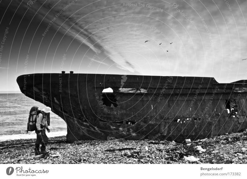 ghost ship Vacation & Travel Trip Adventure Expedition Summer Ocean Human being 1 Wreck Discover Decline Past Transience Gravel Cloud cover Black & white photo
