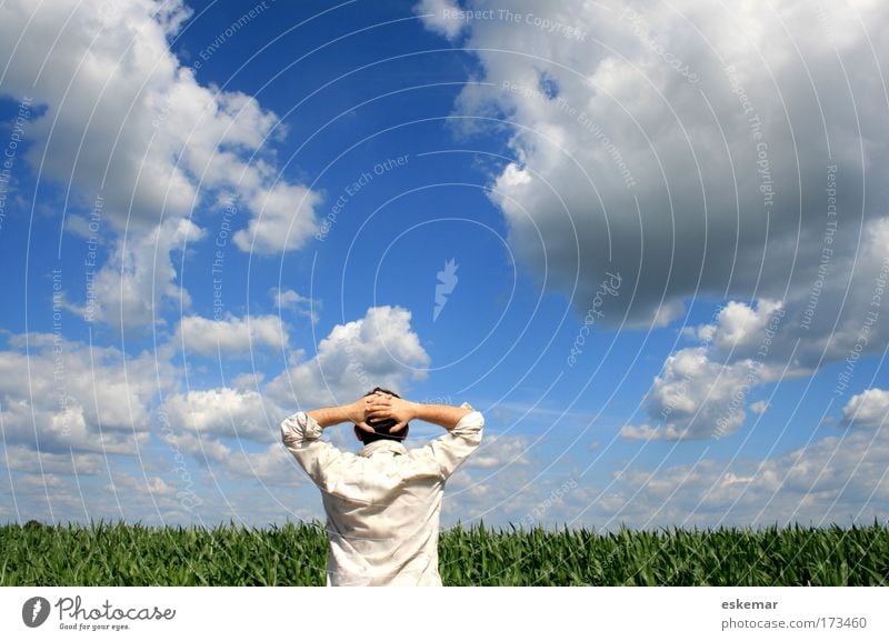 summer Colour photo Exterior shot Copy Space top Day Light Contrast Sunlight Upper body Rear view Human being Masculine Man Adults 1 Nature Landscape Sky Clouds