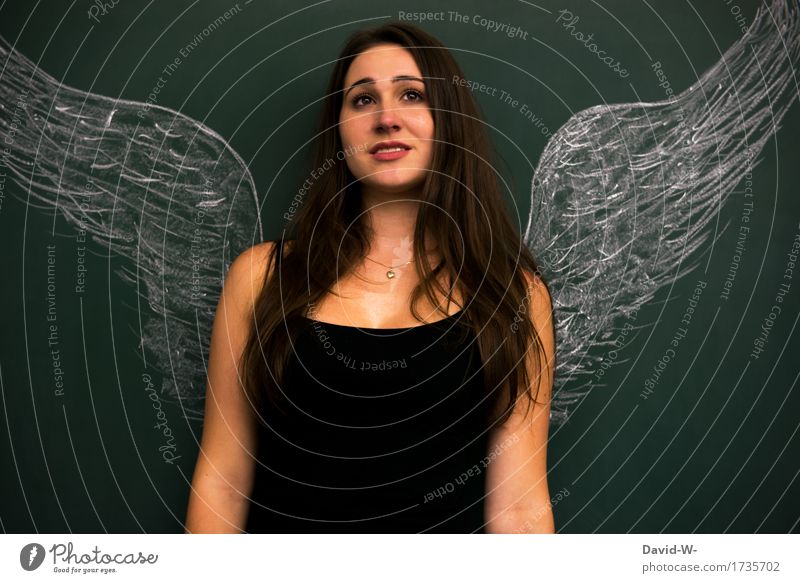 young woman with angel wings Angel Woman Grand piano Drawing Chalk Blackboard Innocent dear nice Guardian angel