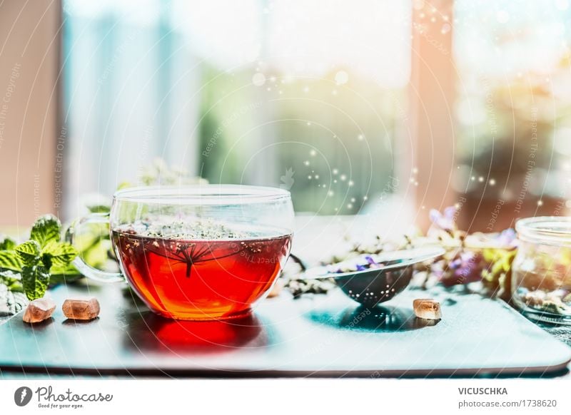 Cup with herbal tea at the window Herbs and spices Beverage Hot drink Tea Style Design Healthy Alternative medicine Healthy Eating Fitness Life Fragrance Cure