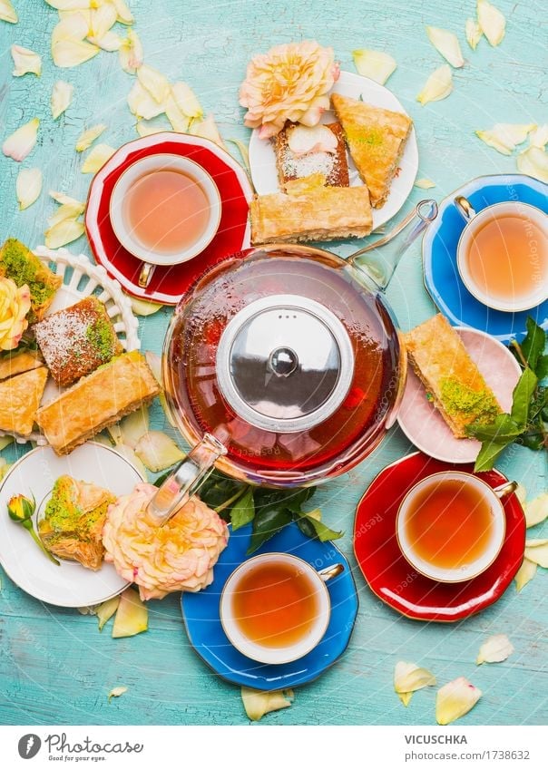 tea break with cups, flowers, cake and teapot Food Cake Dessert Breakfast Lunch Beverage Hot drink Tea Crockery Plate Cup Style Design Living or residing