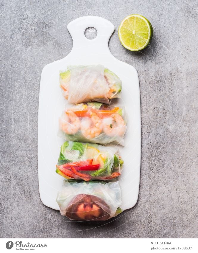Rice paper rolls on white cutting board Food Seafood Vegetable Nutrition Lunch Dinner Buffet Brunch Organic produce Vegetarian diet Diet Style Design