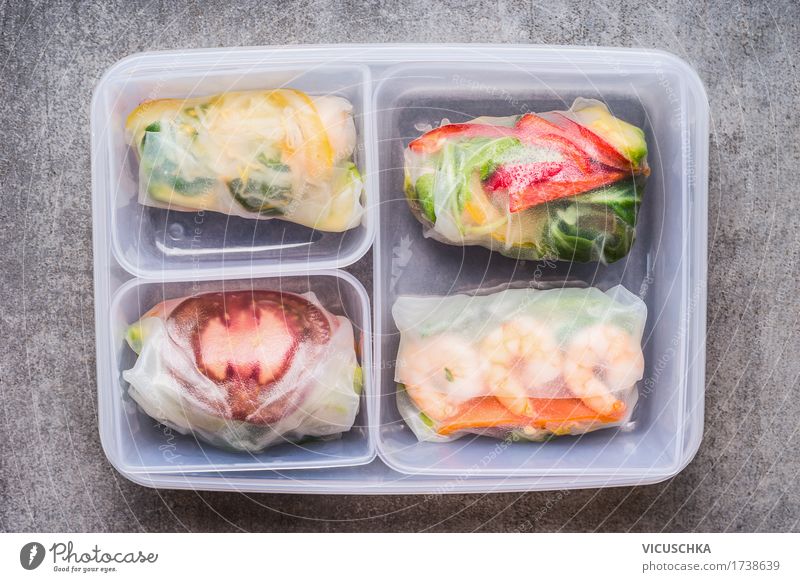 Healthy lunch box with rice paper summer rolls Food Vegetable Nutrition Lunch Banquet Asian Food Style Design Healthy Eating Life Container Shrimps Snack