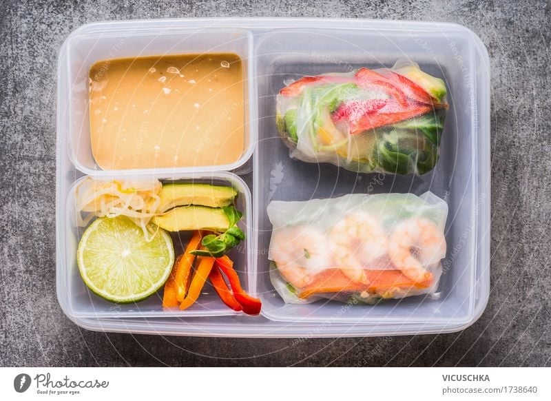 Healthy lunch box with rice paper rolls Food Vegetable Lettuce Salad Nutrition Lunch Organic produce Vegetarian diet Diet Asian Food Crockery Style Design