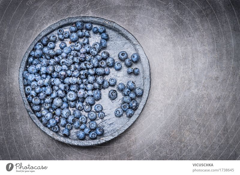 Blueberries with drops of water on a stone plate Food Fruit Nutrition Organic produce Vegetarian diet Diet Plate Bowl Style Design Healthy Eating Life Summer