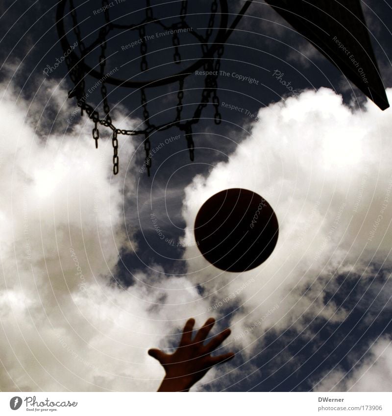 basketball Leisure and hobbies Playing Sports Ball sports Hand Sky Clouds Rotate Flying Romp Throw Dark Round Speed Blue Gray Success Aggression Frustration