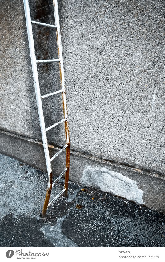 high up Colour photo Exterior shot Copy Space right Day Ladder Old Dirty Dark Broken Gloomy Rung Go up Rust Wall (building) Building Manmade structures