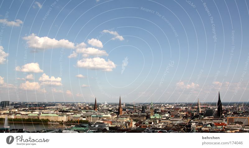 for hamburg fans Colour photo Exterior shot Copy Space top Panorama (View) Sky Clouds Beautiful weather Hamburg Port City Downtown High-rise Church Building