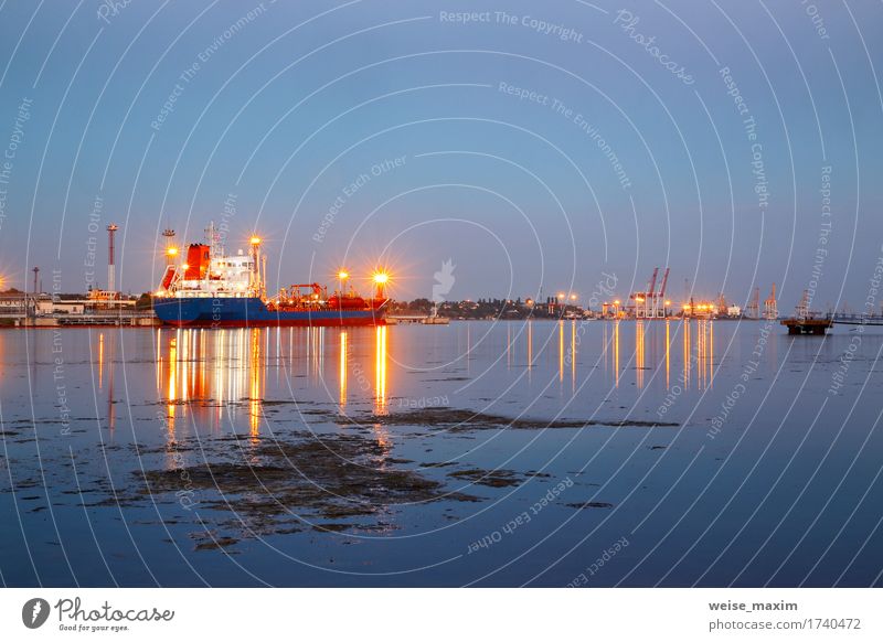 Tanker in the port. Harbor at night Vacation & Travel Ocean Industry Logistics Business Harbour Transport Watercraft Porthole Container Departure lounge Blue