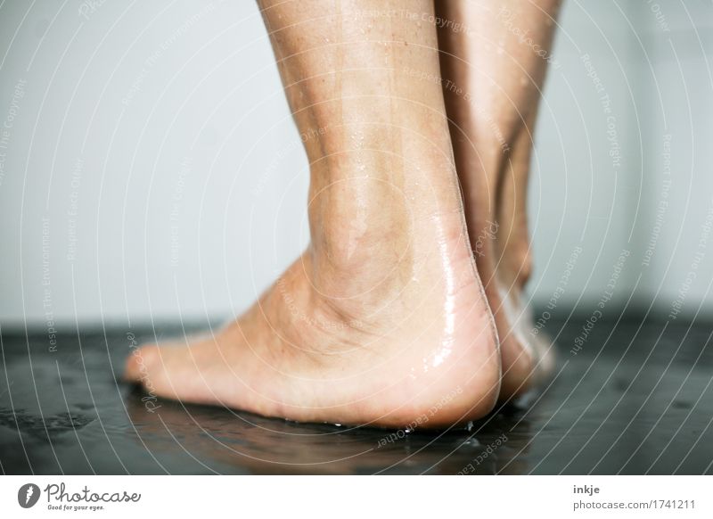 heel Personal hygiene Pedicure Take a shower Life Feet 1 Human being Stand Wet Natural Barefoot Rear view Colour photo Interior shot Close-up Copy Space left