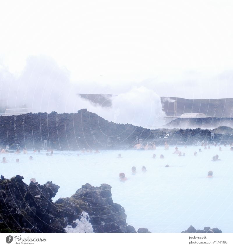 Thermal outdoor swimming pool Healthy Harmonious Vacation & Travel Energy industry Hydroelectric  power plant Sky Clouds Lake Iceland Swimming & Bathing Blue