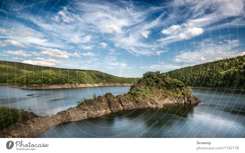 Almost like a Fjo&#803;rd Nature Landscape Plant Elements Water Sky Clouds Summer Beautiful weather Tree Bushes Hill Rock Lakeside Eifel River dam Blue Brown