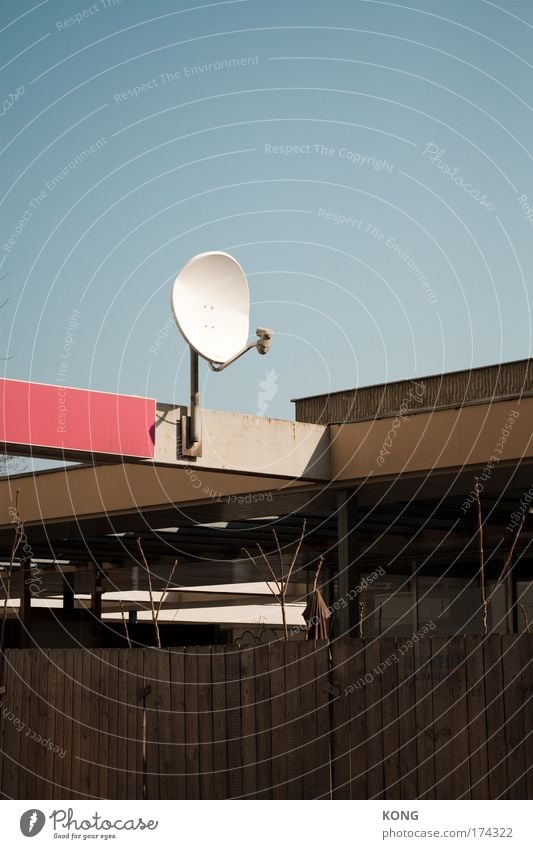 receiver module Colour photo Copy Space top Day Antenna Satellite dish Telecommunications Technology Cloudless sky Deserted Architecture Roof Receive