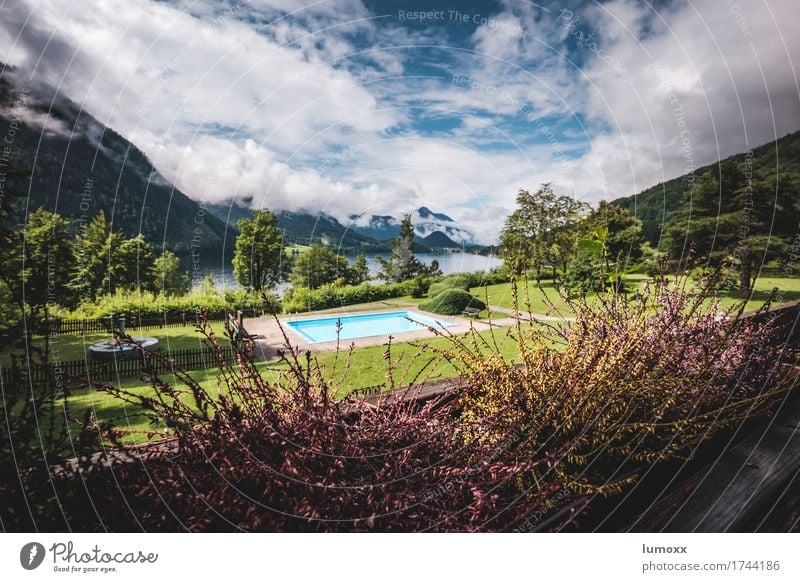 Holidays in paradise Environment Nature Water Clouds Summer Plant Bushes Garden Meadow Alps Mountain Lake Lake Grundlsee Blue Green Vacation & Travel