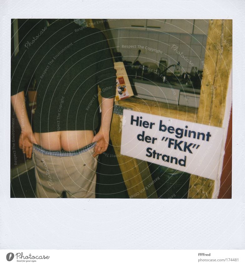 Nudist beach Colour photo Interior shot Polaroid Evening Night Artificial light Rear view Exotic Masculine Man Adults Skin Back Hand Bottom 1 Human being Naked